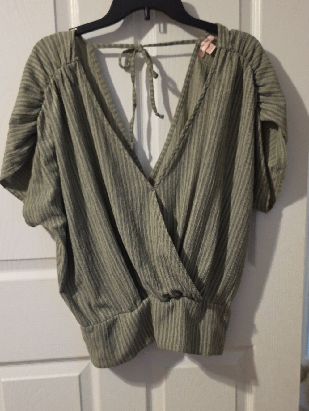 Olive Green Striped V-Neck Wrap Blouse